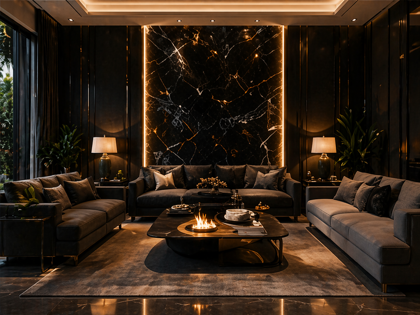 Donkere luxe woonkamer